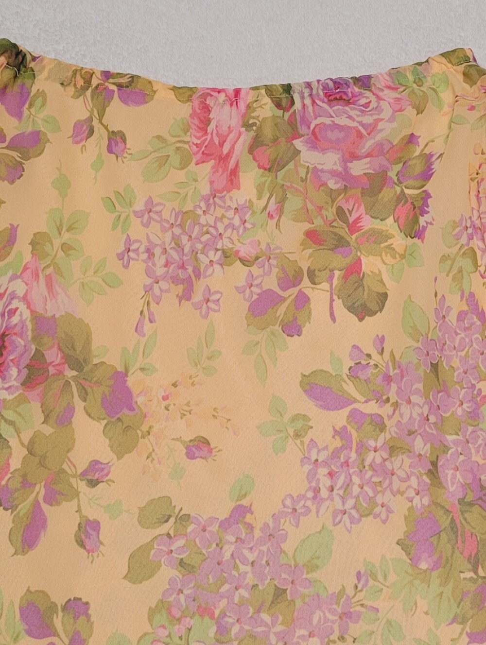 Boho 90s Vintage Peach Purple Floral Cabbage Rose Tiered Ruffle Midi Skirt 12 - Picture 3 of 8